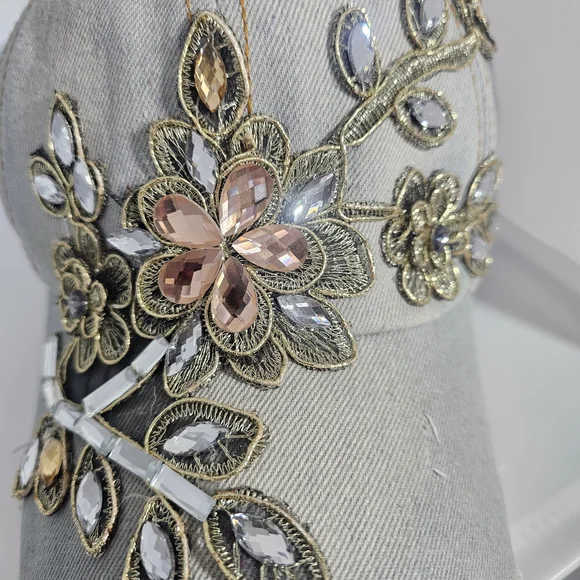 Embellished Crystal Flower Baseball Cap - Light Gray & Pink - Picture 2 of 3